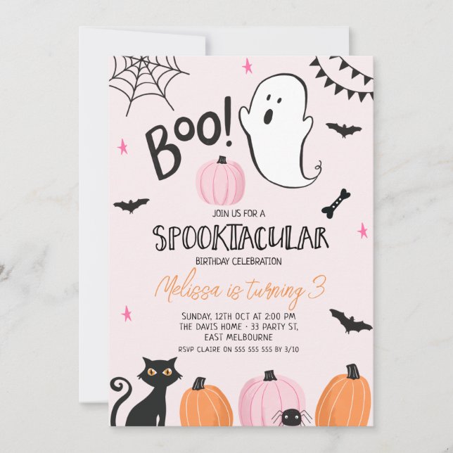 Invitación Chicas Naranja Rosa Boo Negro Halloween Cumpleaños (Anverso)
