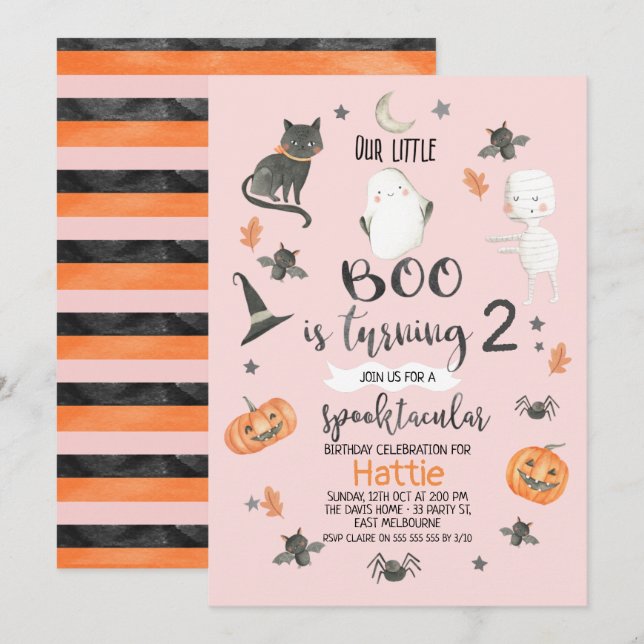Invitación Chicas Naranja Rosa Gray Halloween Cumpleaños (Anverso / Reverso)