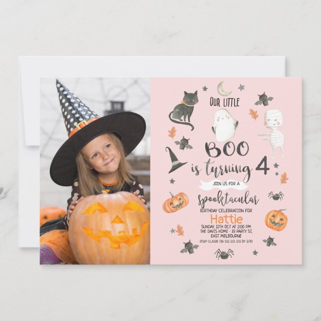 Invitación Chicas Naranja Rosa Gray Photo Halloween Cumpleaño (Anverso)