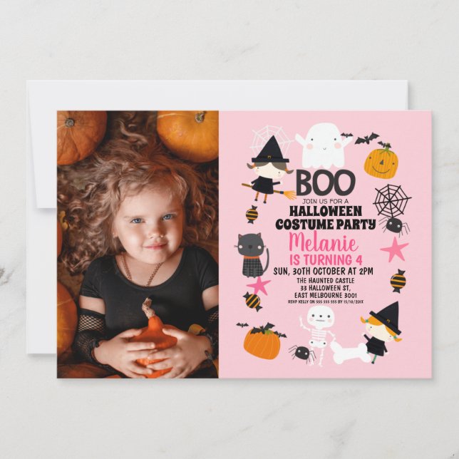 Invitación Chicas Naranja rosado Fotos de Halloween Cumpleaño (Anverso)