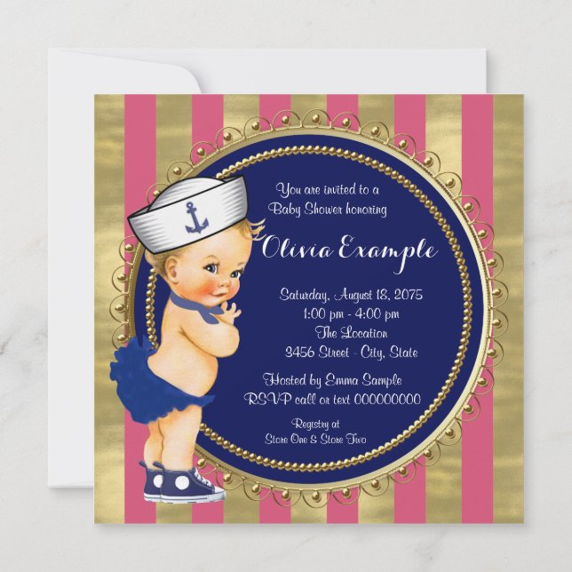 Invitación Chicas Nautical Baby Shower (Reverso)