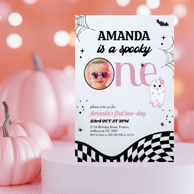 Invitación Chicas negros retro-rosados espantaron un primer c (Spooky One 1st Birthday Invitation Template Modern, Girls Spooky One Halloween First Birthday Invite)