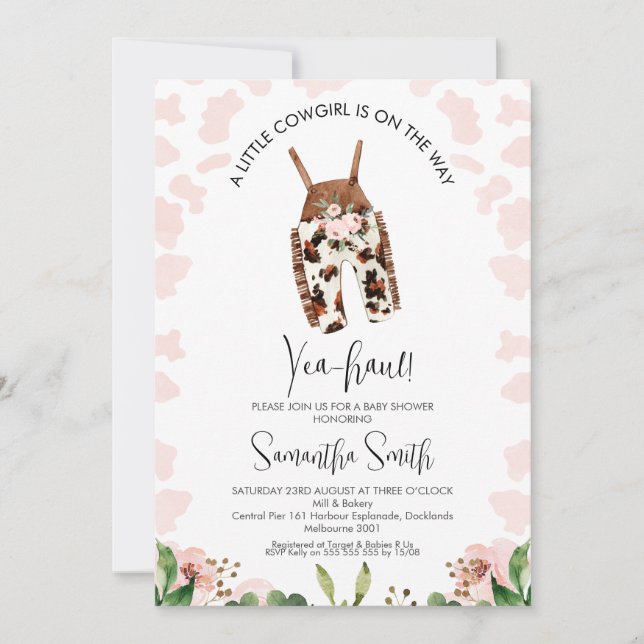 Invitación Chicas Niña De Vaca Camino A Baby Shower (Anverso)