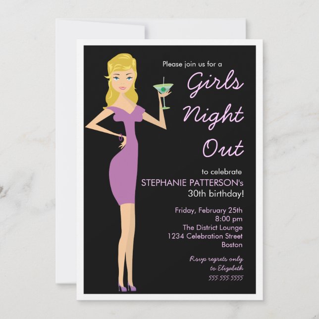 Invitación Chicas Noche Fuera Cocktail Diva Fiesta de Cumplea (Anverso)