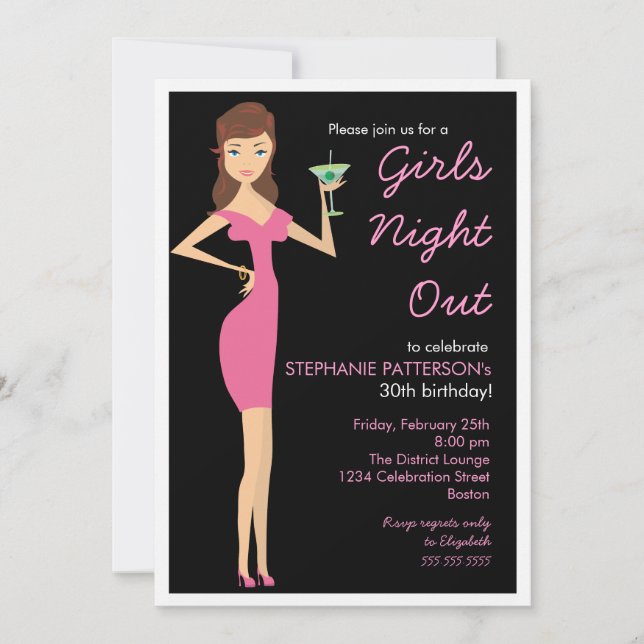 Invitación Chicas Noche Fuera Cocktail Diva Fiesta de Cumplea (Anverso)
