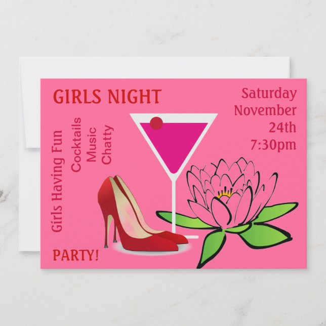 Invitación Chicas Noche Fuera Fiestas Cócteles Zapatos Flores (Anverso)