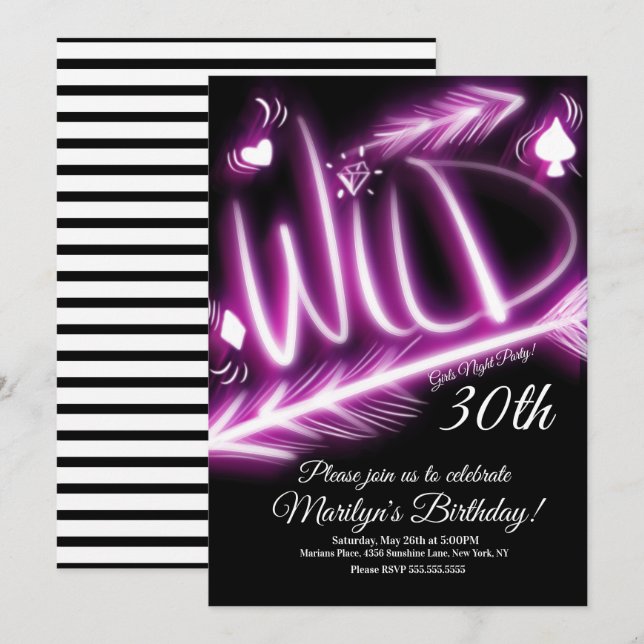 Invitación Chicas Noche fuera Neon Wild 40 cumpleaños Cualqui (Anverso / Reverso)