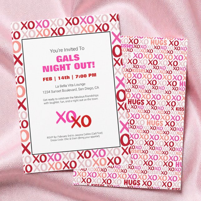 Invitación Chicas Noche Fuera XOXO Fiesta De Día De Galentina (Girls Night Out XOXO Pink Cute Galentine Day Party Invitation)