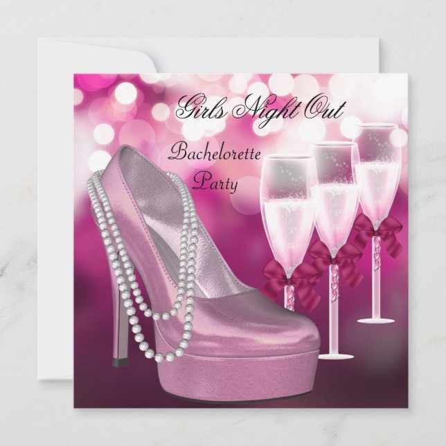 Invitación Chicas Noche Fuera Zapatos Rosados Hola Champagne (Anverso)