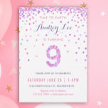 Invitación Chicas Noveno Cumpleaños Noveno Fiesta Confetti<br><div class="desc">¡Celebra el cumpleaños de tu niño de 9 años con coloridos confeti rosado y morado en estas invitaciones de cumpleaños de 9 años! Presentando los detalles del fiesta de su hija y un "9" en confeti. La parte posterior tiene un diseño de confeti con un suave color de lavanda. Este...</div>