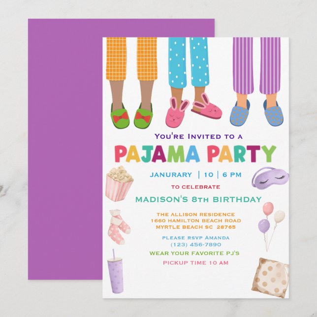 Invitación Chicas Pajama Birthday Sleepover Fiesta (Anverso / Reverso)