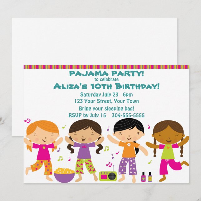 Invitación Chicas Pajama Fiesta (Anverso / Reverso)