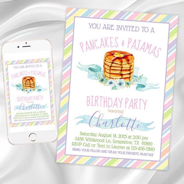 Invitación Chicas Pancakes Pajama Birthday Party (Pancakes and pajamas party invitation. Instant download and printed invitations available.)