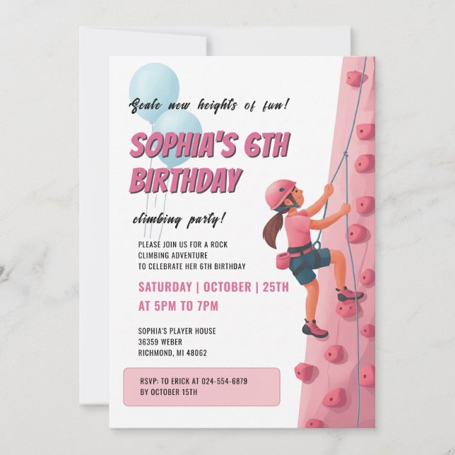 Invitación Chicas pared de escalada de roca personal cumpleañ (Anverso)