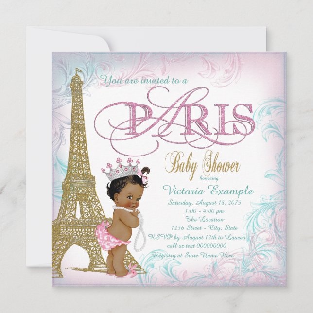 Invitación Chicas París Baby Shower Perlas Verde azuladas Oro (Anverso)