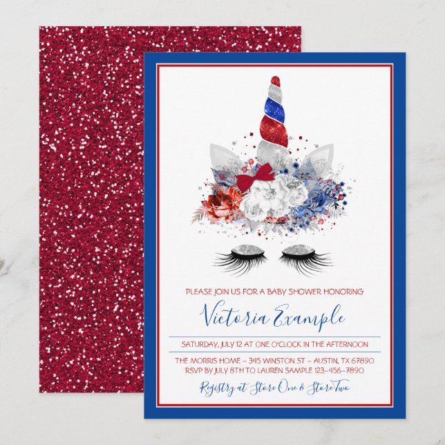 Invitación Chicas Patriotic Unicorn Baby Shower (Anverso / Reverso)