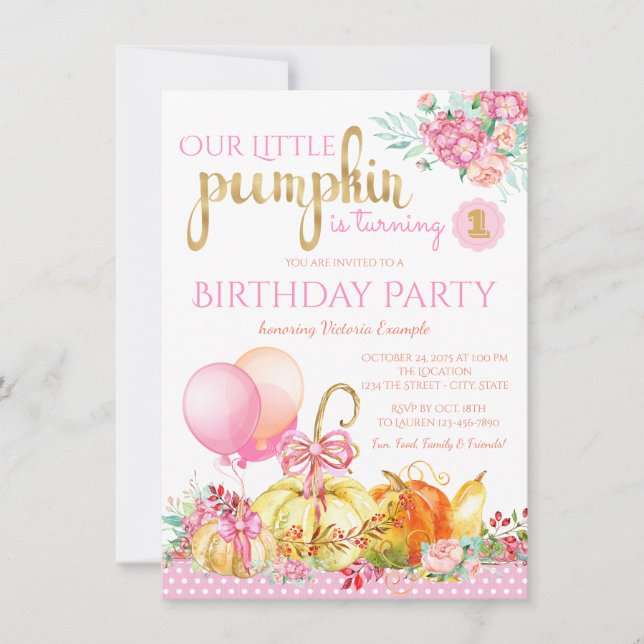 Invitación Chicas Pequeña Calabaza Primer Cumpleaños (Anverso)