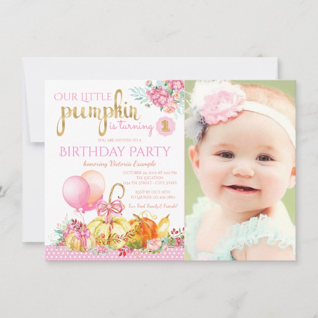 Invitación Chicas Pequeña Foto De Calabaza Primer Cumpleaños (Anverso)