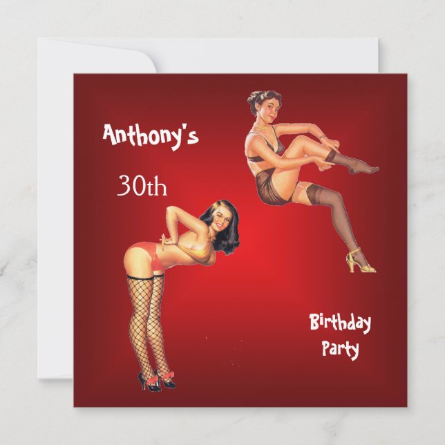 Invitación chicas pin-up rojas fiesta de cumpleaño (Anverso)