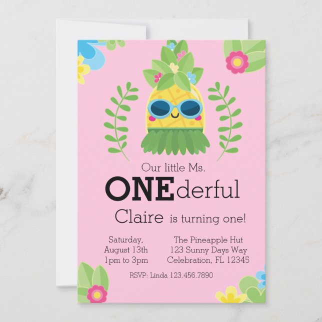 Invitación Chicas Pineapple Sra. Onemaravilloso Primer cumple (Anverso)