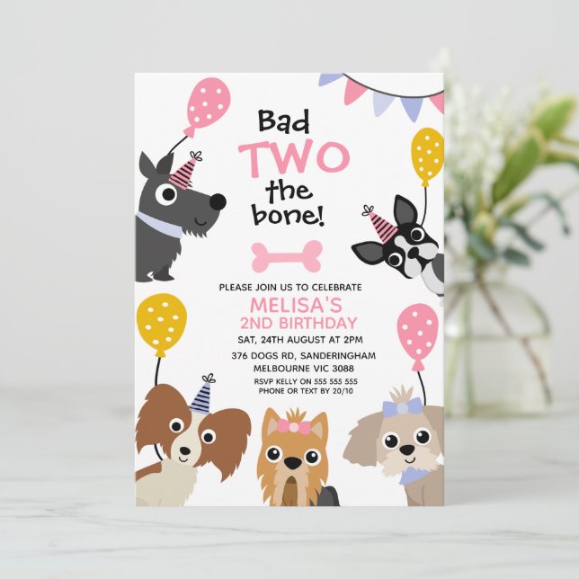 Invitación Chicas Pink Balloon Bad To The Bone 2Cumpleaños (Anverso de pie)