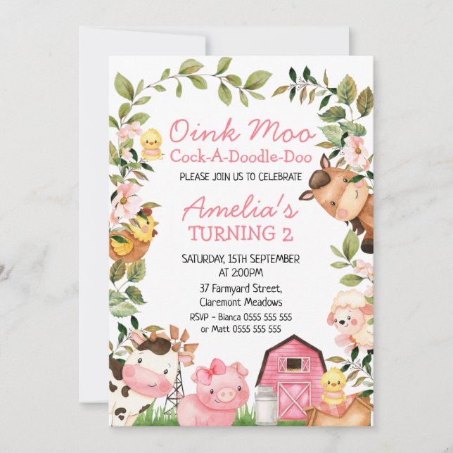 Invitación Chicas Pink Barn Farm Animales Foliage Cumpleaños  (Anverso)