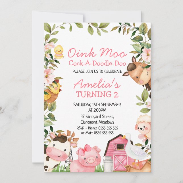 Invitación Chicas Pink Barn Farm Duck Foliage Cumpleaños (Anverso)