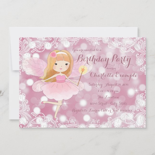 Invitación Chicas Pink Fairy Princess Birthday Party (Anverso)