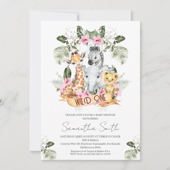 Invitación Chicas Pink Floral Safari Wild One Baby Shower (Anverso)