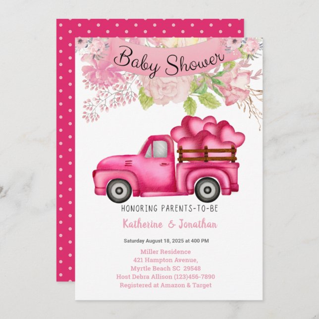 Invitación Chicas Pink Floral Truckload Hearts Baby Shower (Anverso / Reverso)