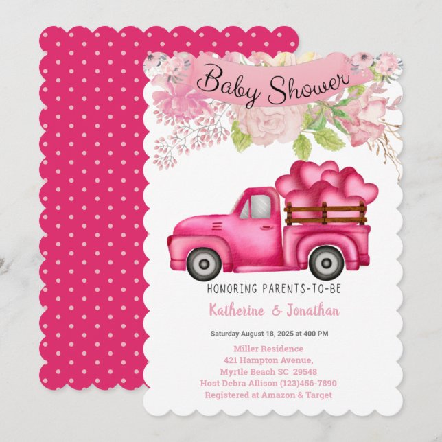 Invitación Chicas Pink Floral Truckload Hearts Baby Shower (Anverso / Reverso)