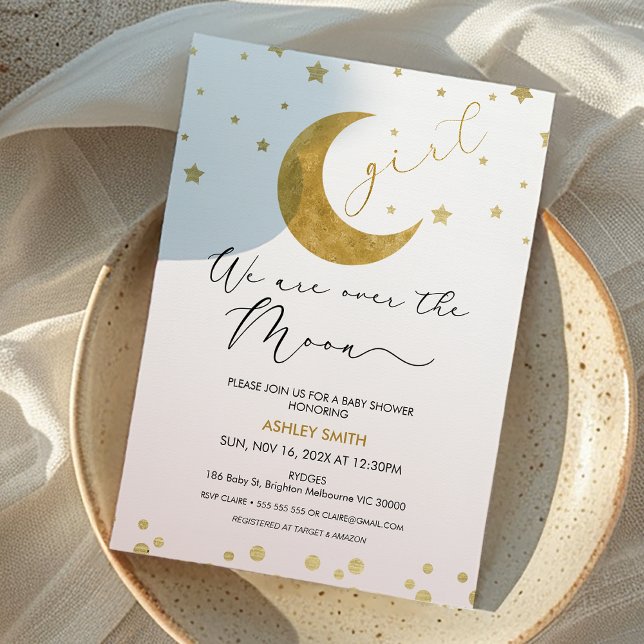 Invitación Chicas Pink Gold Estamos En La Luna Baby Shower (Girls We are Over the Moon Baby Shower Invitation Blue Gold Moon Themed Baby Shower Girl, Moon Stars)