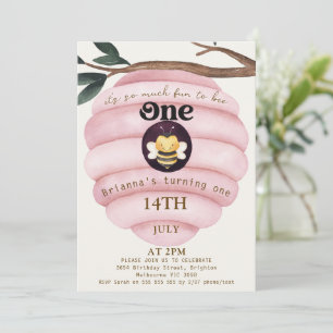 Invitación Chicas Pink Hive Bee Temático Primer Cumpleaños