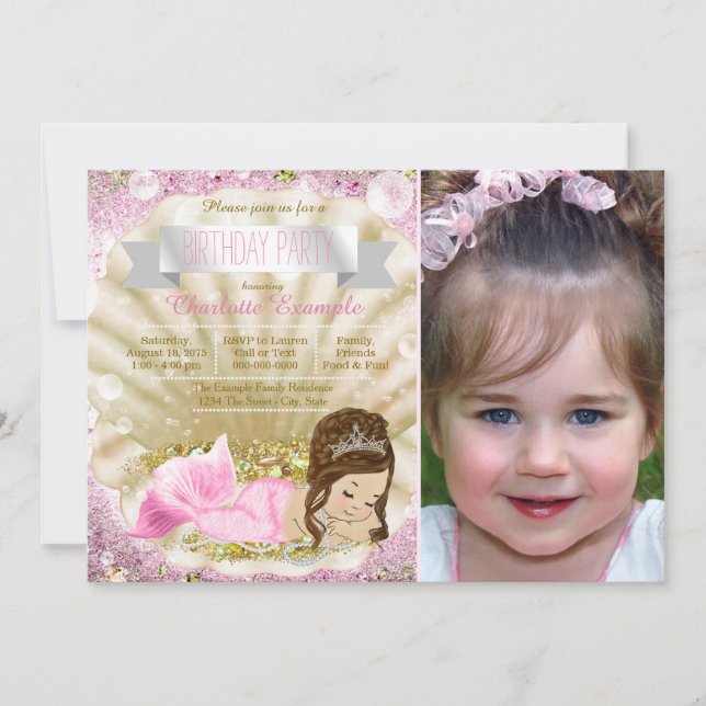 Invitación Chicas Pink Mermaid Birthday Party (Anverso)