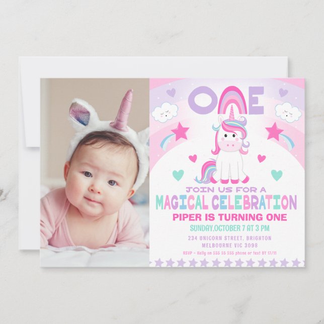 Invitación Chicas Pink Rainbow Magical Unicorn Primer cumplea (Anverso)