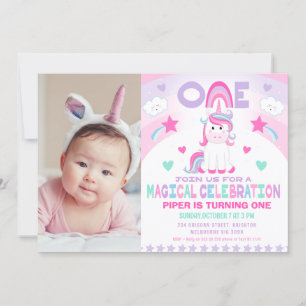 Invitación Chicas Pink Rainbow Magical Unicorn Primer cumplea