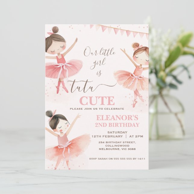 Invitación Chicas Pink Tutu Ballerina Segundo Cumpleaños (Anverso de pie)