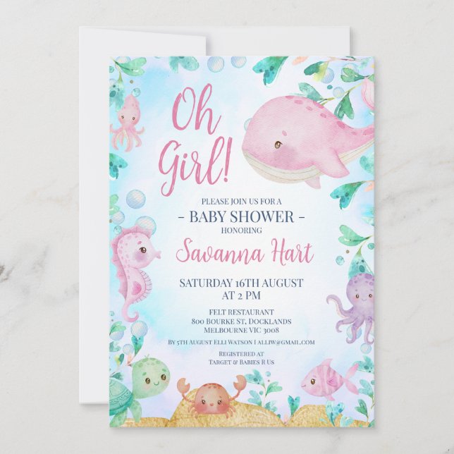 Invitación Chicas Pink Whale Under Sea Baby Shower (Anverso)