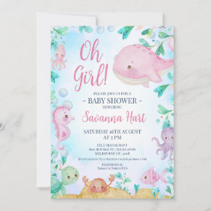 Invitación Chicas Pink Whale Under Sea Baby Shower