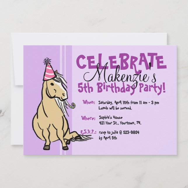 Invitación Chicas Pony Fiesta Púrpura Cumpleaños (Anverso)