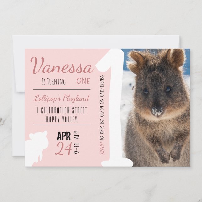 Invitación Chicas primer cumpleaños Blue Quokka Australia Fot (Anverso)
