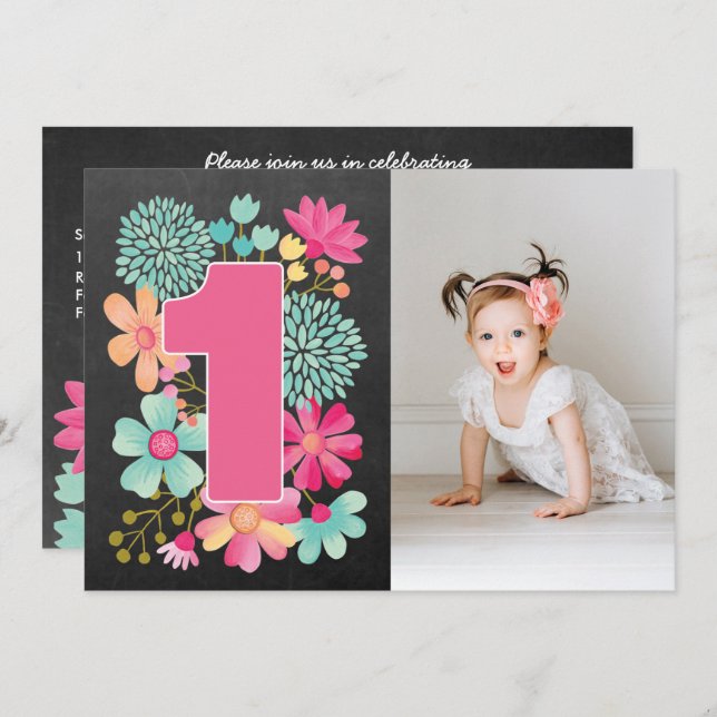 Invitación Chicas Primer cumpleaños Bonito número 1 Invitació (Anverso / Reverso)