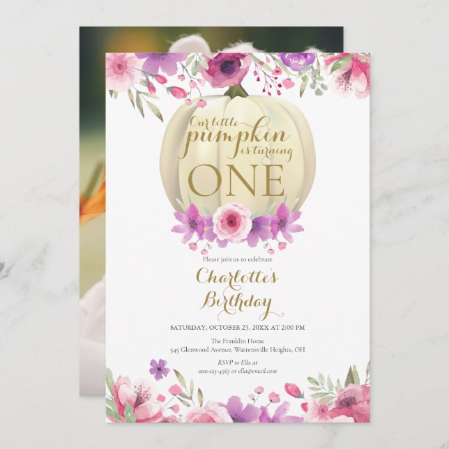 Invitación Chicas Primer cumpleaños Pequeña Calabaza Floral F (Anverso / Reverso)