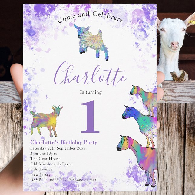 Invitación Chicas primer Fiesta de cumpleaños acuarela cabras (Cute goat themed 1st birthday party invitation purple watercolor splash and colorful goats)