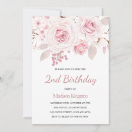 Invitación Chicas primer Fiesta de cumpleaños con flores rosa