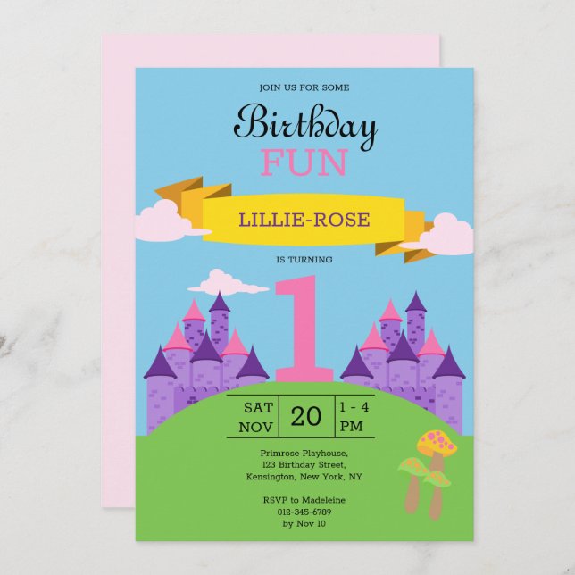 Invitación Chicas primer Fiesta rosado de cumpleaños (Anverso / Reverso)