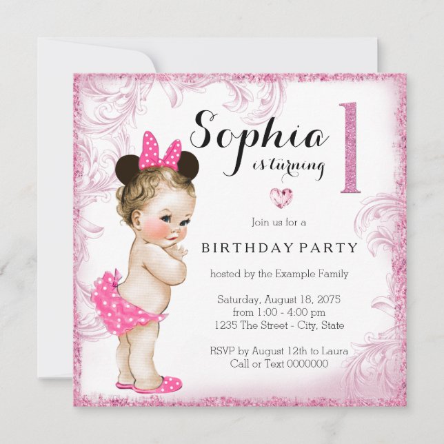 Invitación Chicas Primer partido de cumpleaños Swirl Rosa (Anverso)