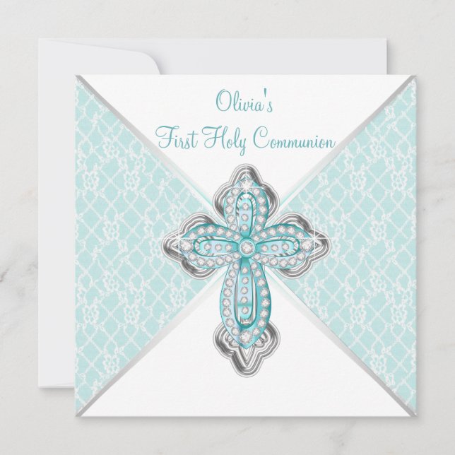 Invitación Chicas Primera Comunión Azul Verde azulada (Anverso)