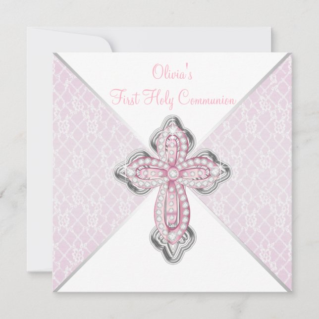 Invitación Chicas primera cruz rosa de la comunión (Anverso)