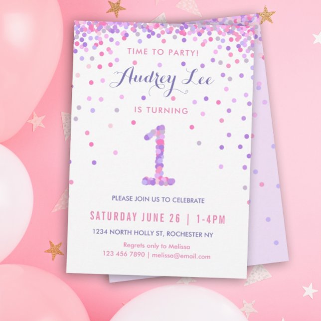 Invitación Chicas Primera Fiesta de Cumpleaños (Pink Purple Confetti for your kiddo's birthday party!)
